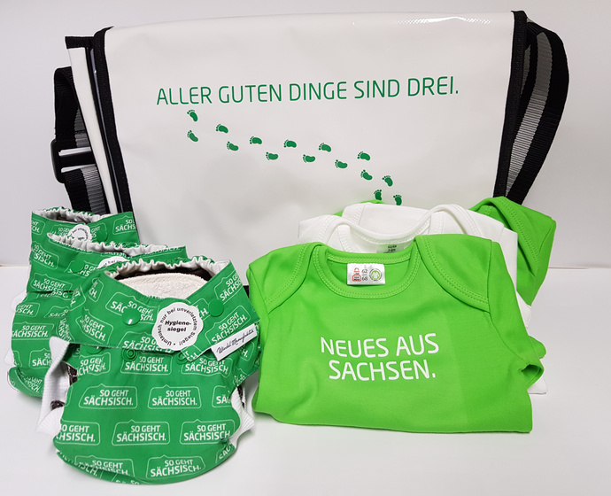 Drillingsset Windeln Body Tasche mit "So geht sächsisch." Logo